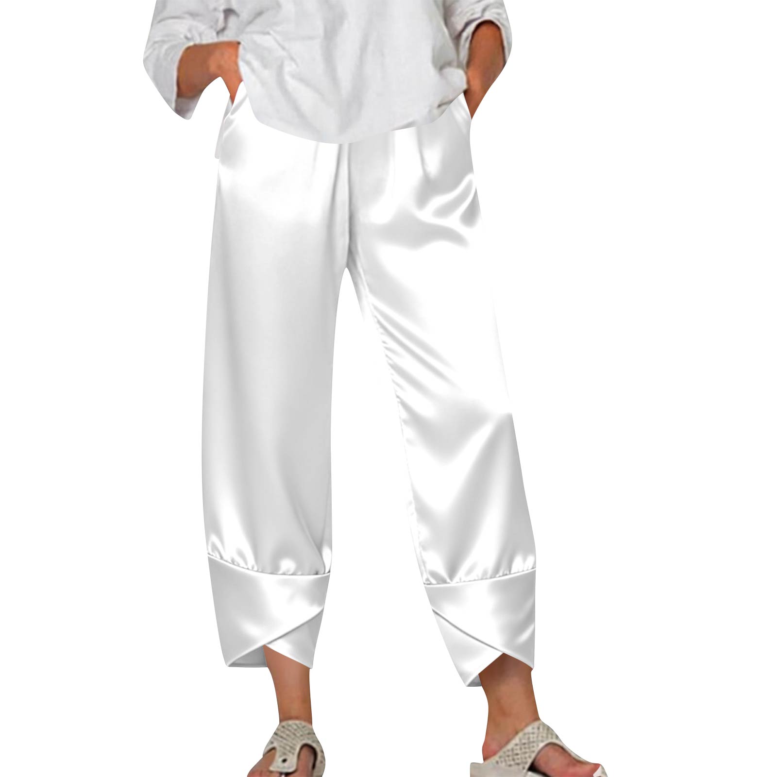 

Women’s Loose Fit Satin Wide Leg Pants with Pockets Cropped Ankle Length Trousers Casual Relaxed Silky Tapered Hem Design XL білий