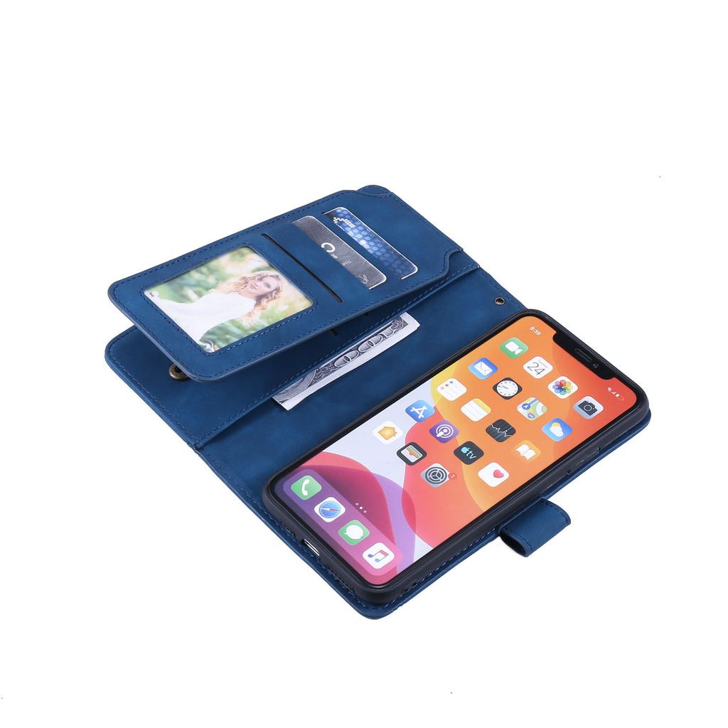 Applicable to iPhone16 mobile phone leather case 15Pro skin matte solid color nine-card wallet protective case Samsung S25