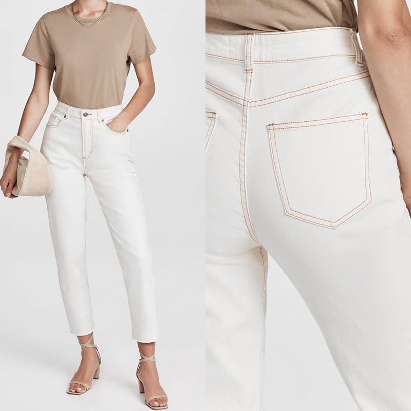 Yellow Floral High-Waist Slim Light Apricot Denim Nine-Point Jeans for Women - 2025 European & American Spring Style.