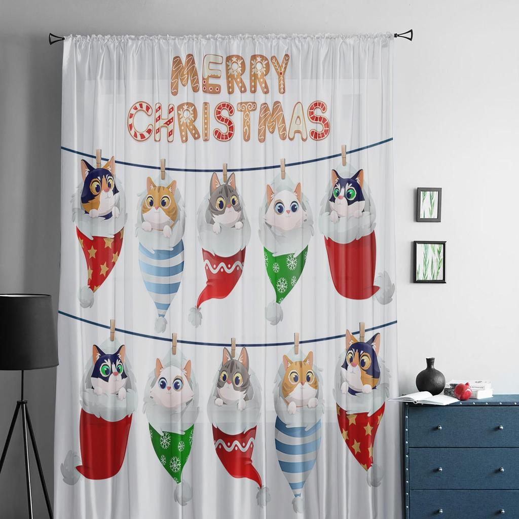 Christmas Santa Hat Cat Sheer Curtains For Kids Bedroom Living Room Voile Curtains Xmas Kitchen Tulle Curtain