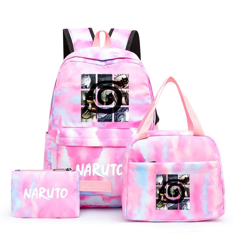 3Pcs/set Anime Naruto Canvas Backpack for Girl with Lunch Bag Pen Case Backpack Student Back To School Backpack Rucksack Mochila