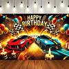 Racing Car Happy Birthday Backdrop Banner Racing Lane Photography Background for Boy Car Racing Party Decorations Red Bl
