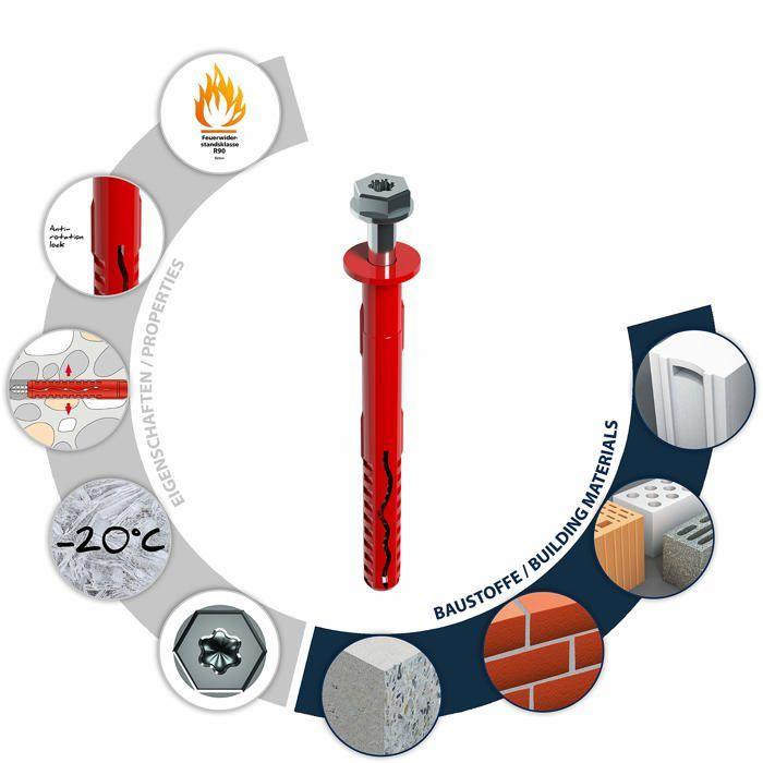 Cheville pour cadre - TOX - 62101631 - 50 pièces - Rouge - Profondeur d'ancrage 70 mm