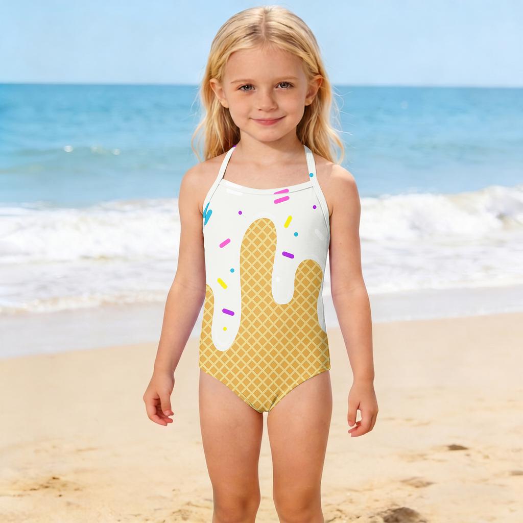 Girls One Piece Swimsuit Kids Summer Swimwear Children Beachwear Toddler Bathing Suit with Ice Cream Cone Print for Outdoor Water Activities