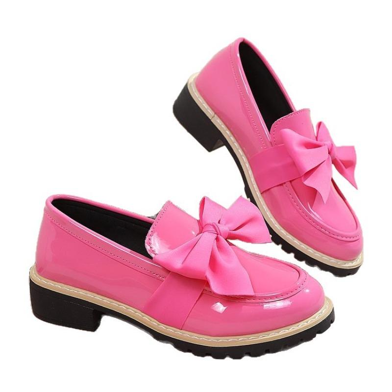 Damen Übergröße Britischer Stil Lackleder Loafers Neue Herbst Schleife Mittelhoch Blockabsatz Schuhe