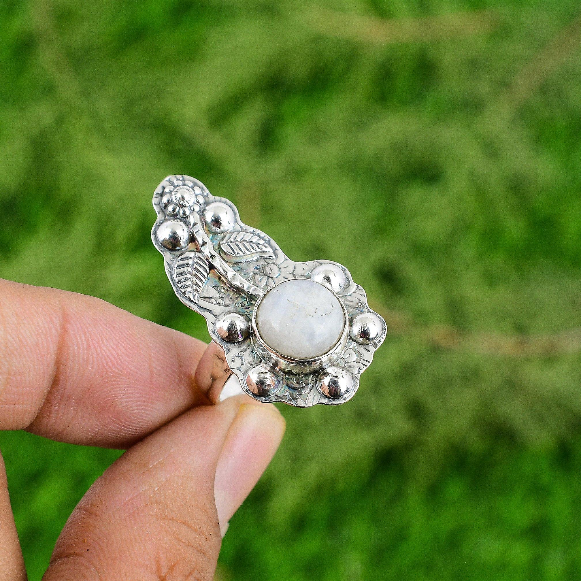 

Sterling Silver Round Rainbow Moonstone Stone Promise Stackable Wife Flower Ring Adjustable