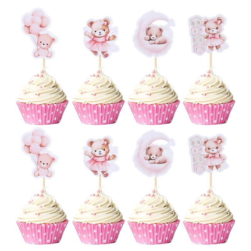 12pcs Baby Bear Cupcake Toppers for Kids Boy Girl 1st Birthday Party Decoration Blue Pink Baby Shower Favors Cake Dessert Picks