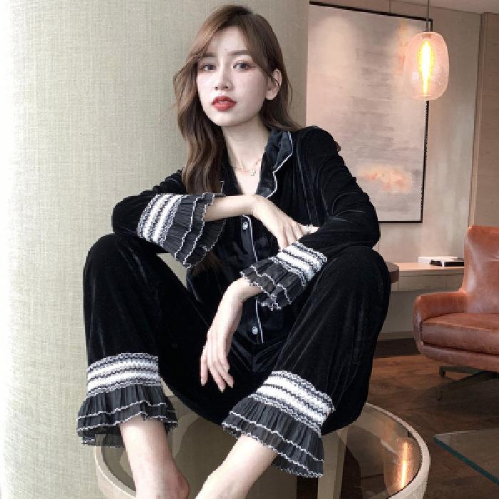 Women's Gold Velvet Pajamas Suit: Sexy Korean Style, Long Sleeves, for Spring, Autumn, Winter.
