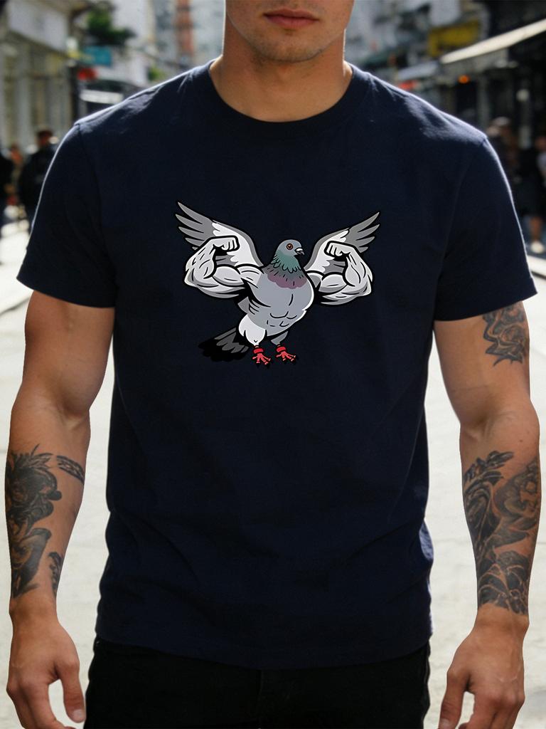 Unisex Crew Neck Short Sleeve Cotton Tee Buff Muscular Pigeon Fitness Cartoon Print Gift For Bird Lover Guy Casual Summer Daily Top