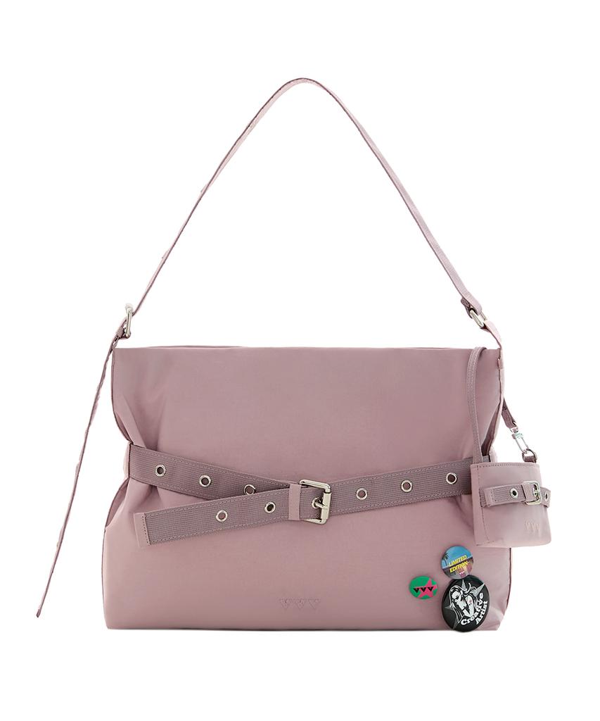 Vvv [Set/Pin Badge Included] Nylon Buckle Hobo Shoulder Crossbody Bag _ Pink