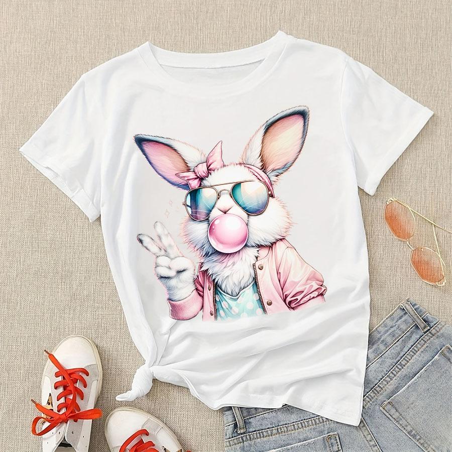 Easter Funny Bunny Blowing Bubble Printed Tshirts Girls Women Printing Funny Shirt Grunge Streetwear Novelty TShirt Japanese S