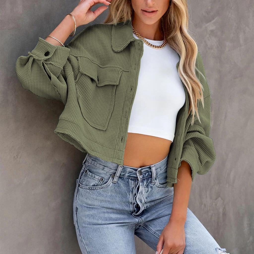 Women's Fashion Solid Color Long Sleeve Short Pocket Loose Button Jacket