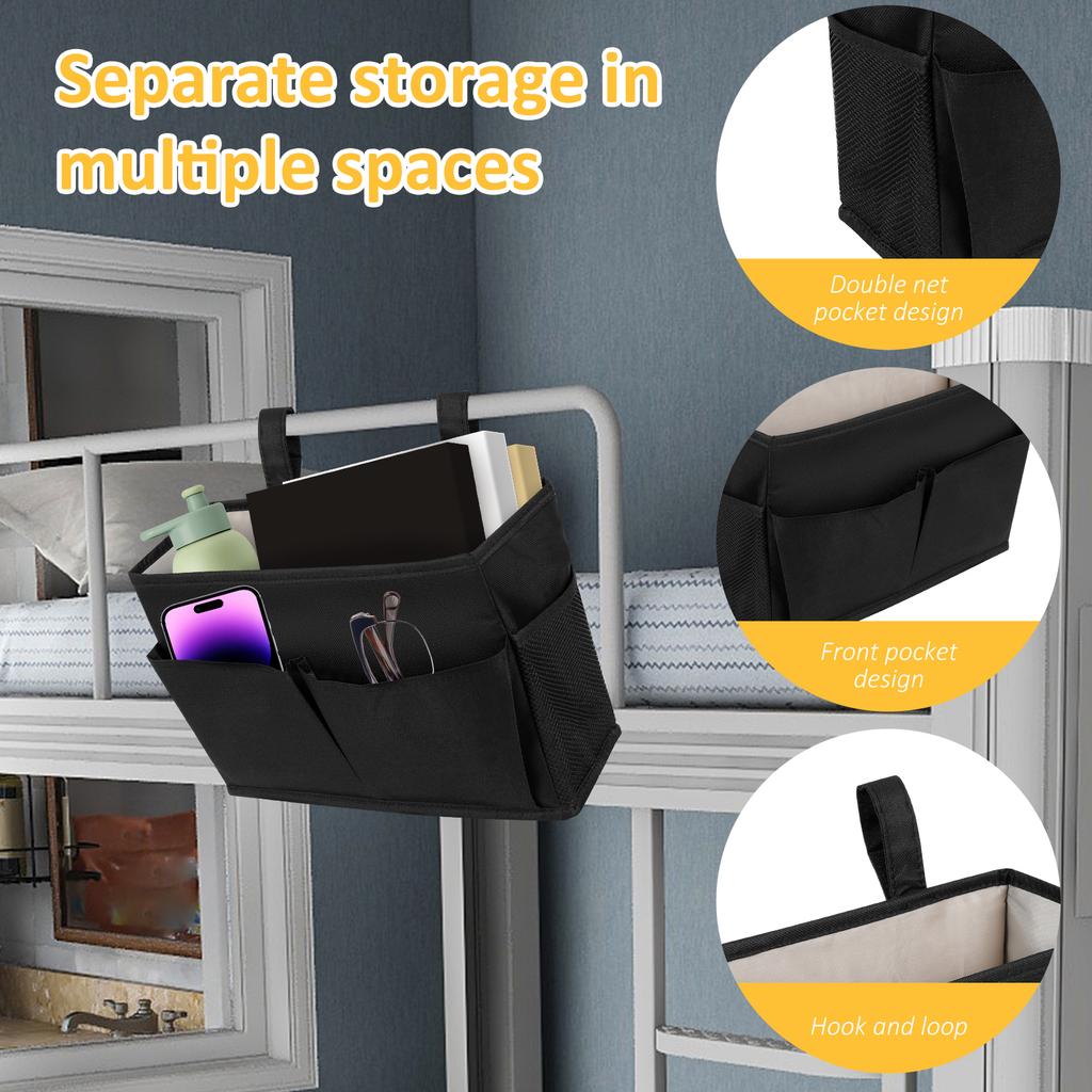 Bedside Storage Bag Cotton Linen Large Capacity Bedside Organizer with Side Pockets Hanging Bunk Bed Caddy for College Dorm Room