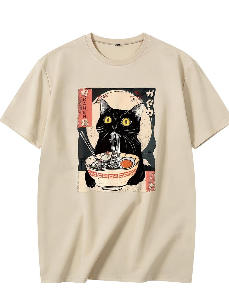 Vintage Japanese RaUnisex Cat TShirt Kitten Eating Noodles Print Short Sleeve Fashion Harajuku Kawaii Tshirt Womens Y2K Clothing
