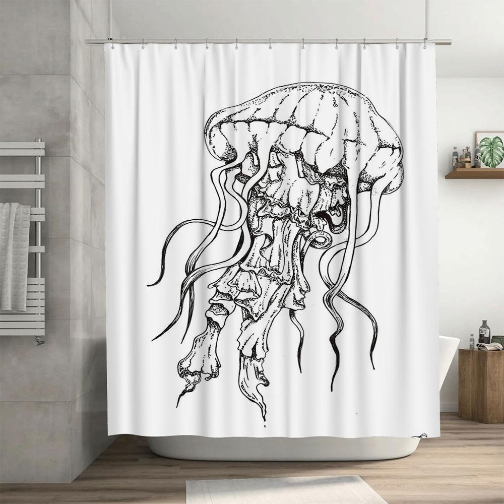 Unique Jellyfish Shower Curtain with Boho Style for Bathroom Decor White Black Floral Print Bathtub Decoration in Home Garden Ac