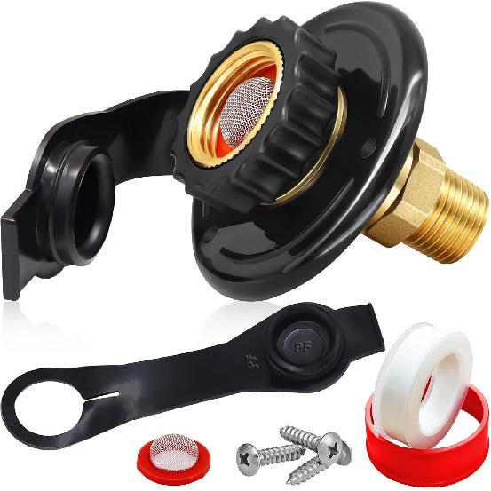 RV City Water Inlet With Check Valve, 3/4 NH Female To 1/2 NPT Male Black Flange RV Fresh Water Inlet, Lead-Free Brass RV Water Connection Inlet With