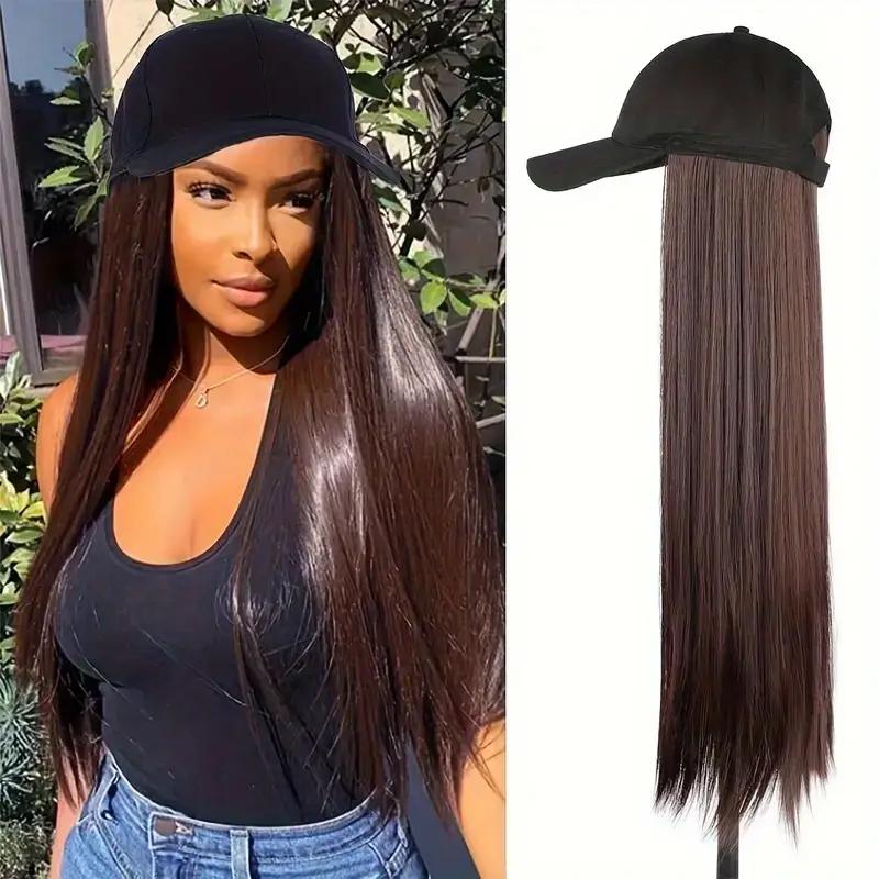 Elegant Long Straight Synthetic Wig With Adjustable Baseball Cap High Temperature Fiber Comfortable Fit For Daily Casual Wear