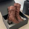 Damenstiefel Herbst 2026 Neu Runde Spitze Wildleder Leder Rutschfest Mode Retro Lange Stiefel Dicker Absatz Mittlerer Schaft Stiefel Botas Mujer