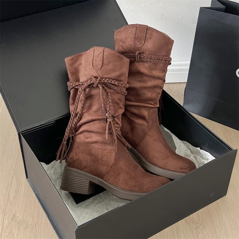 Damenstiefel Herbst 2026 Neu Runde Spitze Wildleder Leder Rutschfest Mode Retro Lange Stiefel Dicker Absatz Mittlerer Schaft Stiefel Botas Mujer