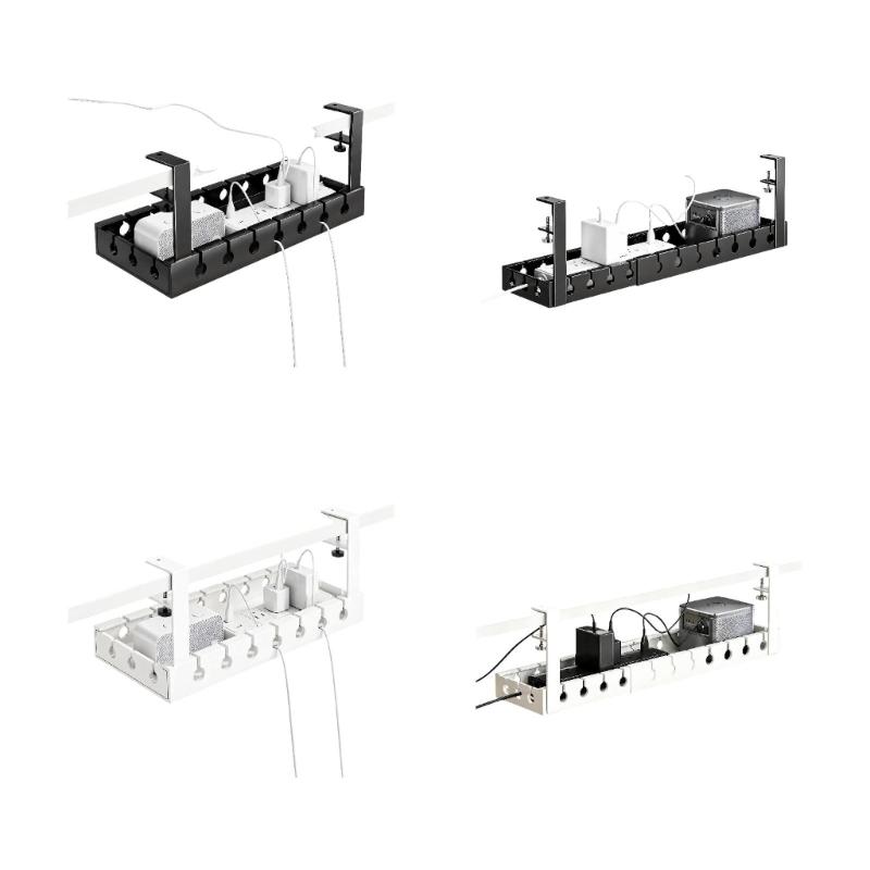 Under-Desk Cable Management Tray in Carbon Steel with Two Edge Clamps and Open Access, Extendable Power Strips Cord Holder for Stored Power