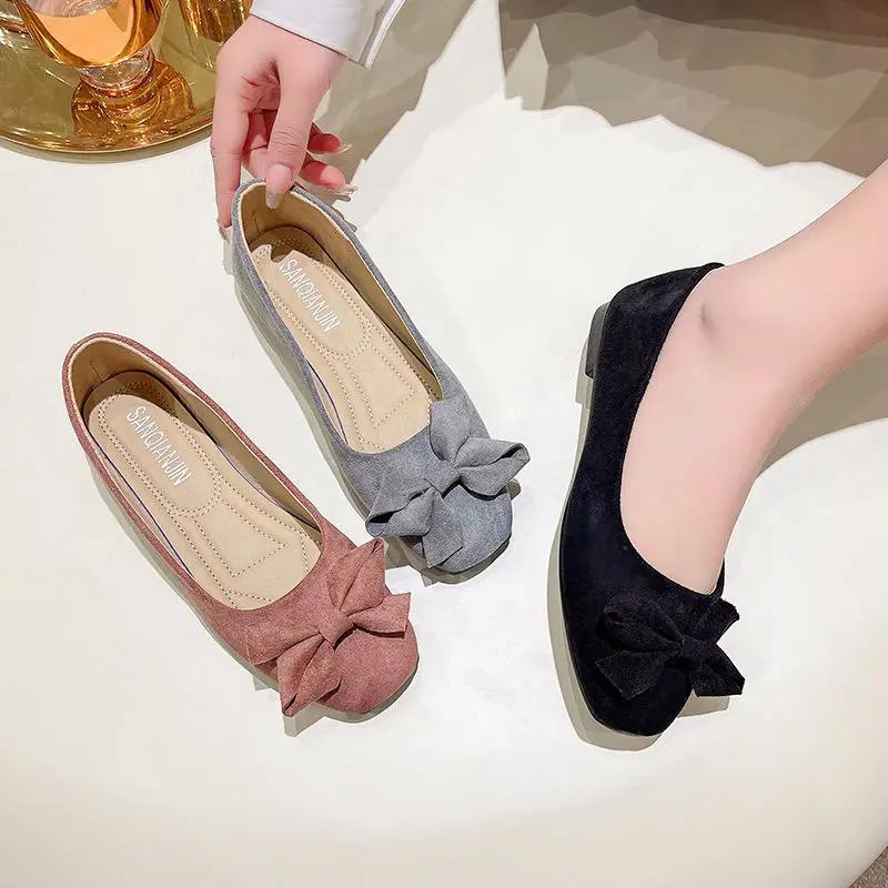 Fashion Ladies Footwear with Bow Slip-on Square Toe Women's Flat Shoes Elegant Dress Cheap Liquidation Wholesale Offer Genuine Mark Y2k