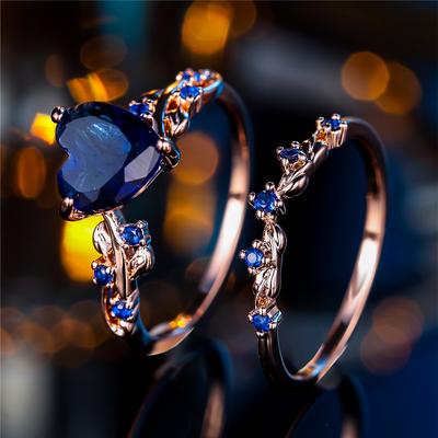 Female Blue Zircon Stone Heart Engagement Ring Set Vintage Rose Gold Color Bridal Wedding Bands Party Jewelry For Women