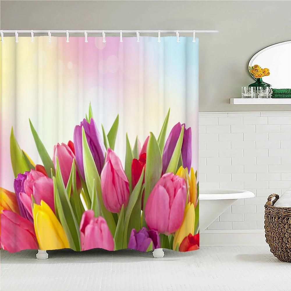 Colorful Tulip Flowers Shower Curtains 3D Beautiful Flower Print Bath Curtain Waterproof Fabric With Hooks Bathroom Decoration