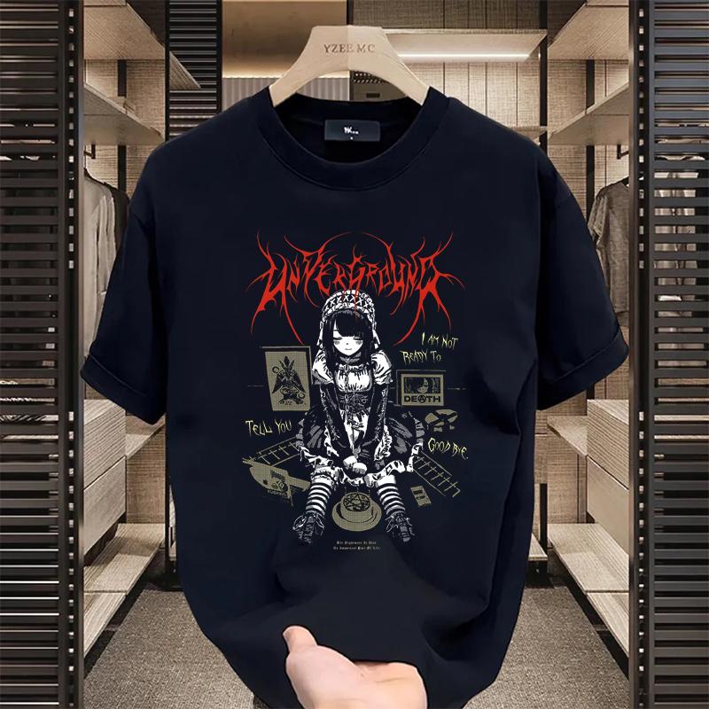 Women's Black Graphic Print T-shirt Avant-garde Skull Corner Design American Classic Retro Anime Girl Street Short Sleeve Couple