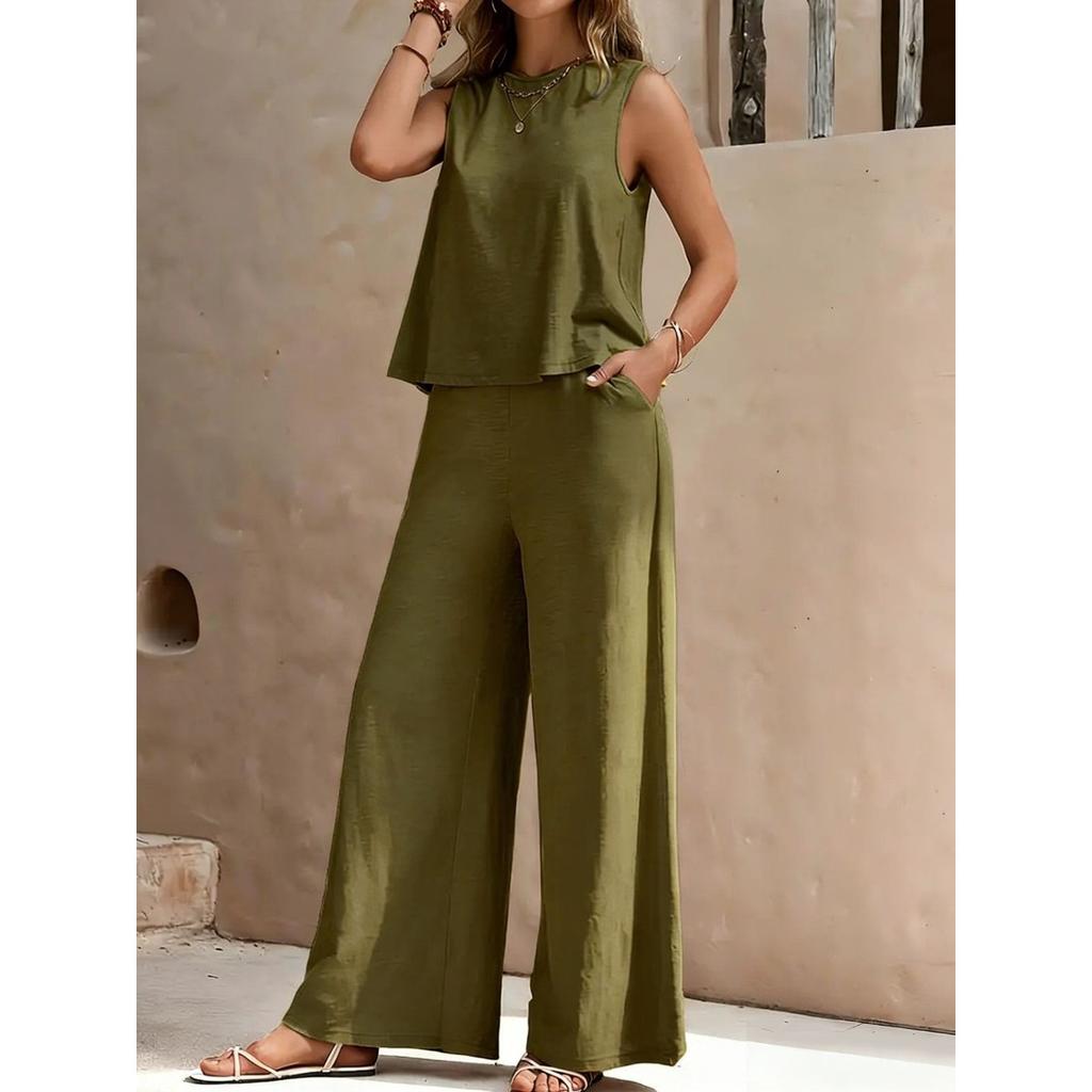Women's Loose Fit Two Piece Outfit Sleeveless Tank Top Elastic Waist Wide Leg Pantsuit