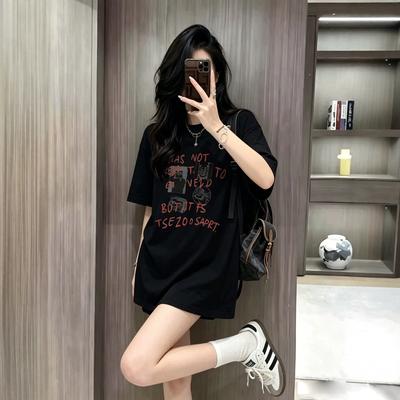 Trendy Brand Black Large Size Short-sleeved T-shirt Women's Fat Mm Summer Loose American High Street Alphabet Versatile Couple's Top