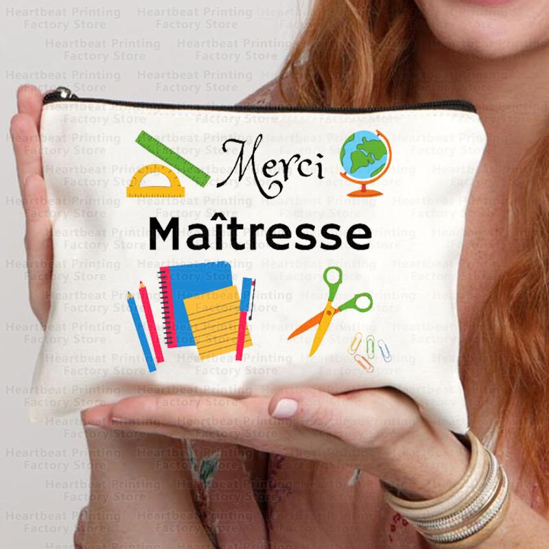 French Thank You Maîtresse Print Travel Cosmetics Bag Lipstick Bag Pencil Case Pouch Bags for Women Back To School Gift