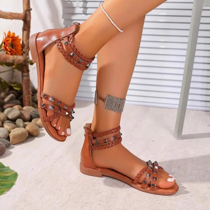 2025 Summer New Round Head Willow Nail Roman Sandals Foreign Trade Large Size Women's Comfortable Cross-Border Sandals Fashion