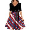 Women’s Vintage Scalloped Neck Half Sleeve Fit and Flare Dress with Star and Firework Print A Line Midi Skirt Tie Waist