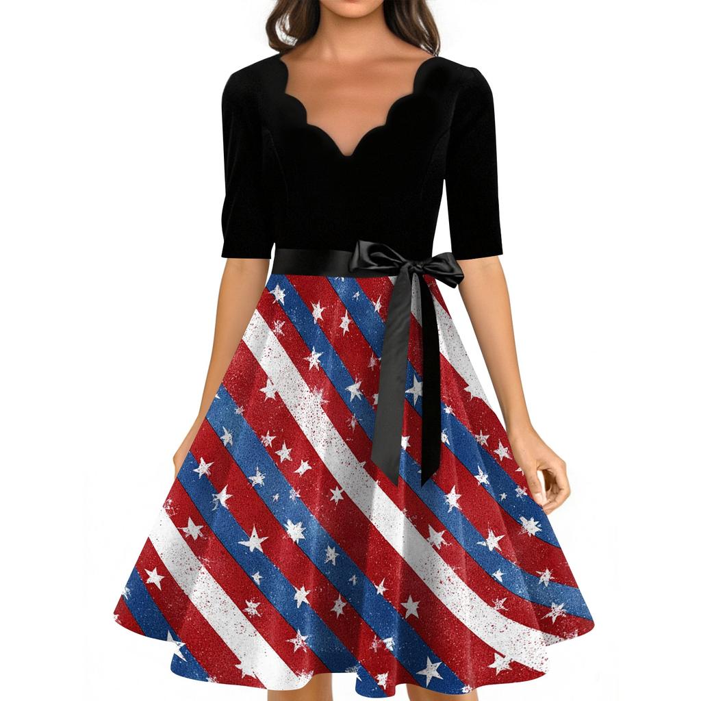 Women’s Vintage Scalloped Neck Half Sleeve Fit and Flare Dress with Star and Firework Print A Line Midi Skirt Tie Waist