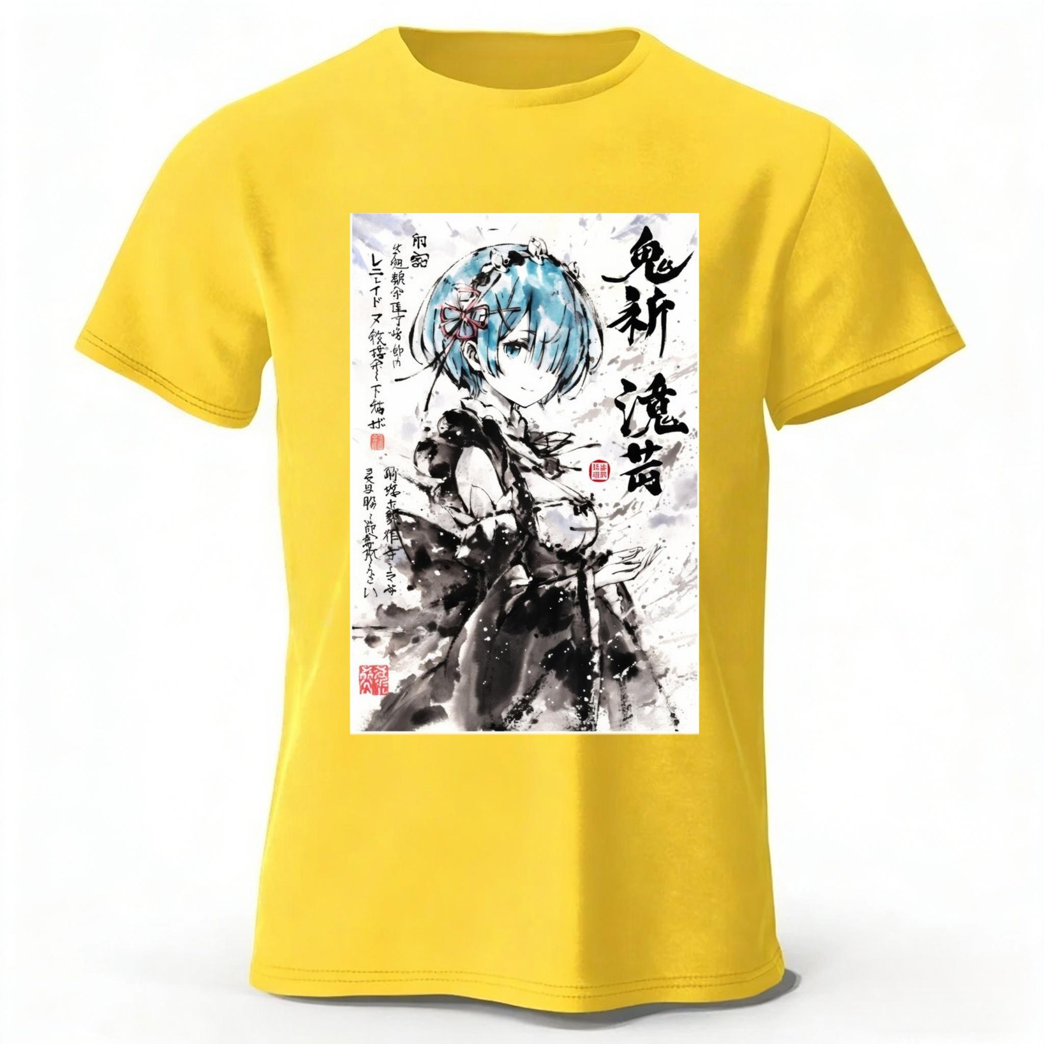 

Anime Re Rem Inkjet Style Pure Cotton Short Sleeved Summer Men Fashion Casual Sports T-shirt Loose Large Breathable Top M жёлтый