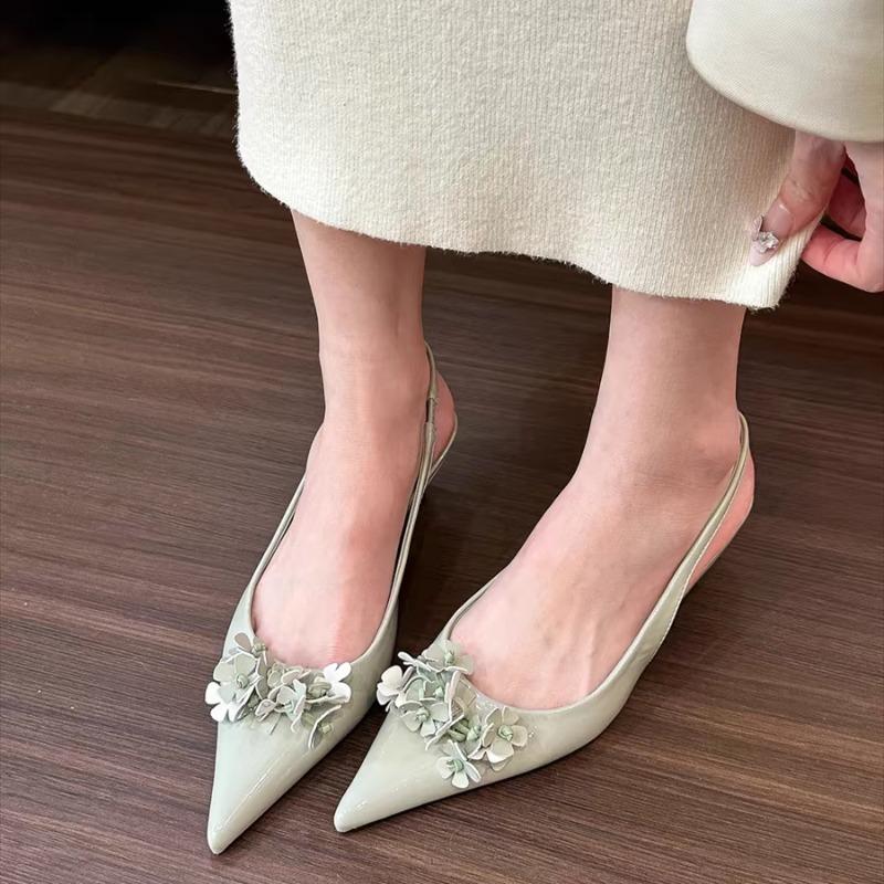 New Style Women's Spring Green Flower Pointed Elegant High Heels for Women Fashion Shallow Mouth Slingbacks Sandals Casual Pumps