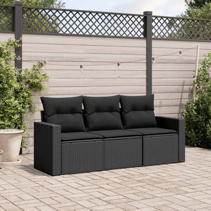 VidaXL Salon de jardin 3 pcs avec coussins noir résine tressée 3250992