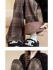 145 Small Wide-Leg Plaid Pants for Women - Coffee Color, High Waist, Woolen Drape, Plus Velvet, Straight Leg, Extra Long, for Autumn/Winter.
