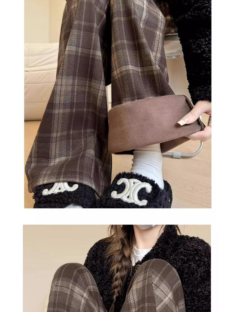 145 Small Wide-Leg Plaid Pants for Women - Coffee Color, High Waist, Woolen Drape, Plus Velvet, Straight Leg, Extra Long, for Autumn/Winter.