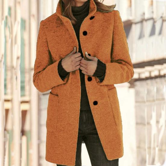 Women Winter Overcoat Single-breasted Retro Stand Collar Long Sleeves Buttons Cardigan Mid Length Spring Autumn Outdoor Woolen Coat