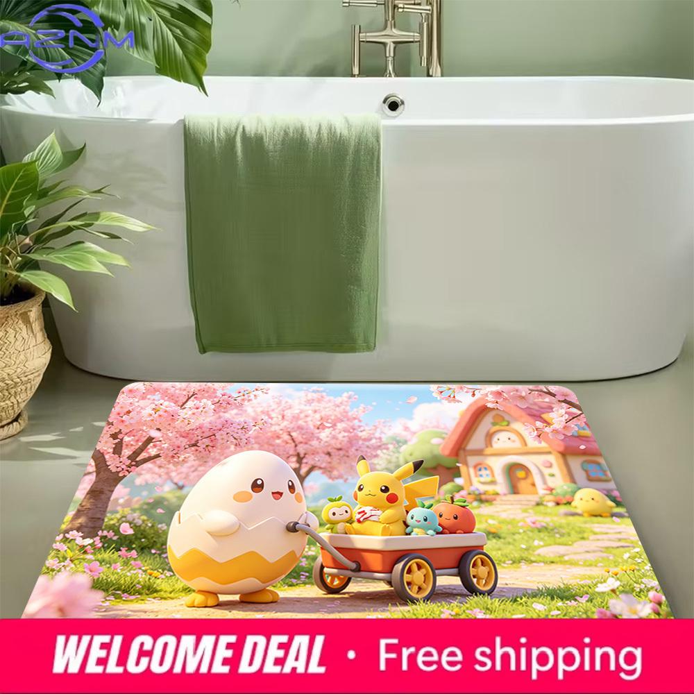Cute Pikachu & Egg Character Cherry Blossom Print Doormat Non-Slip Floor Mat for Home Decor