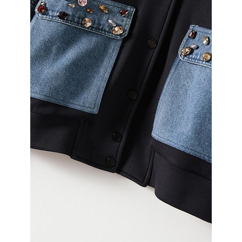 Fabric Patchwork Contrast Color Cocoon Shaped Slimming Baseball Uniform Women Autumn and Winter Rhinestone Embellishment Outerwear Strong Push