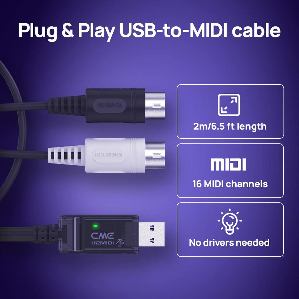 CME U2MIDI Pro Professionelles USB-MIDI-Schnittstellenkabel, Plug-and-Play-Adapter von auf MIDI, kompatibel mit Mac – 2 m, 1-in-1-out MIDI-auf-USB –