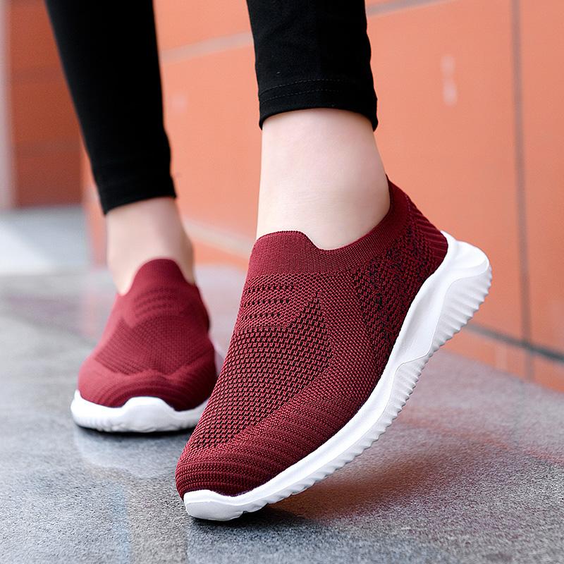 Fashion Women's Slip-On Flat Bottom Shoes Breathable Mesh Upper Cross-Border Knitted Casual Footwear Low Heel Non-Slip Comfortable