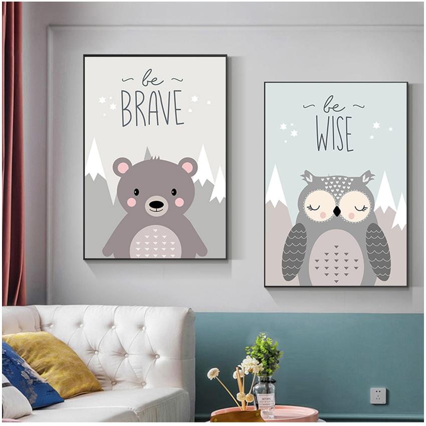 Wall Paintings Children Bedroom Home Decor Canvas Painting Cute Cartoon Fox Owl Deer Nordic Canvas Painting Art Print
