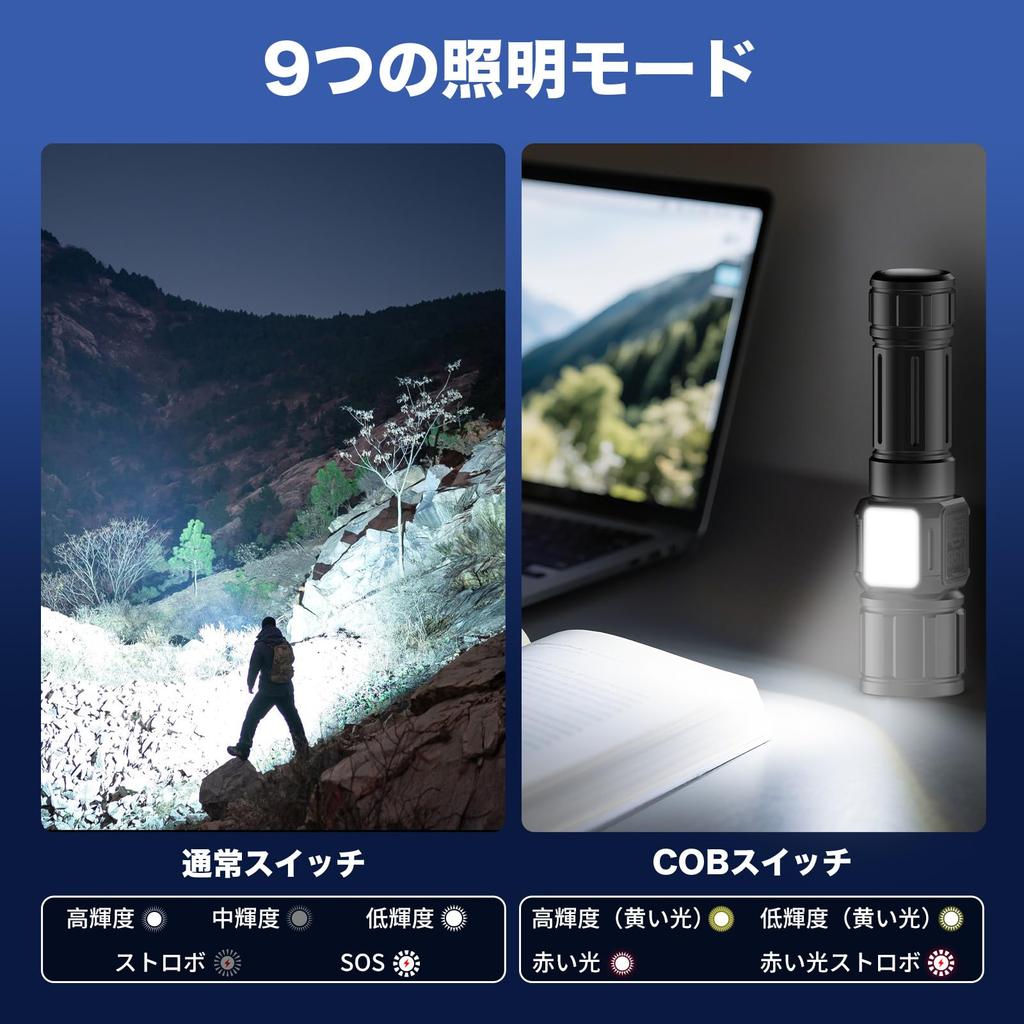 Powerful LED Emergency 5000mAh 26650 Handheld 9 Dimmable Bright COB Work with Ideal for Power Night and Evacuation Preparedness Flashlight, Supplies,