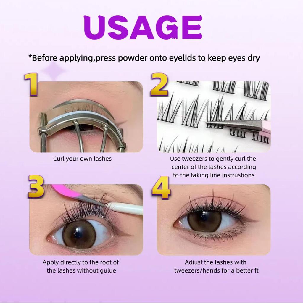 100-120 Cluster Self-Adhesive False Eyelashes,perfect for Women makeup,pre-bonded,14mm,C+ Curl,Long-lasting,waterproof,windproof