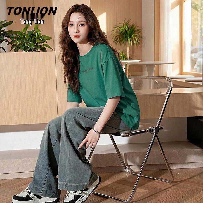 TonLion Women s Loose Fit Heavyweight Pure Cotton Letter Print T-Shirt XL
