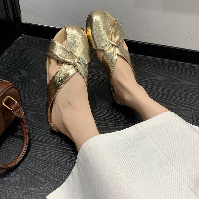 2025 new imitation leather bag head cool slippers women's summer outer wear flat bottom inner height half drag middle heel casual muller leather drag