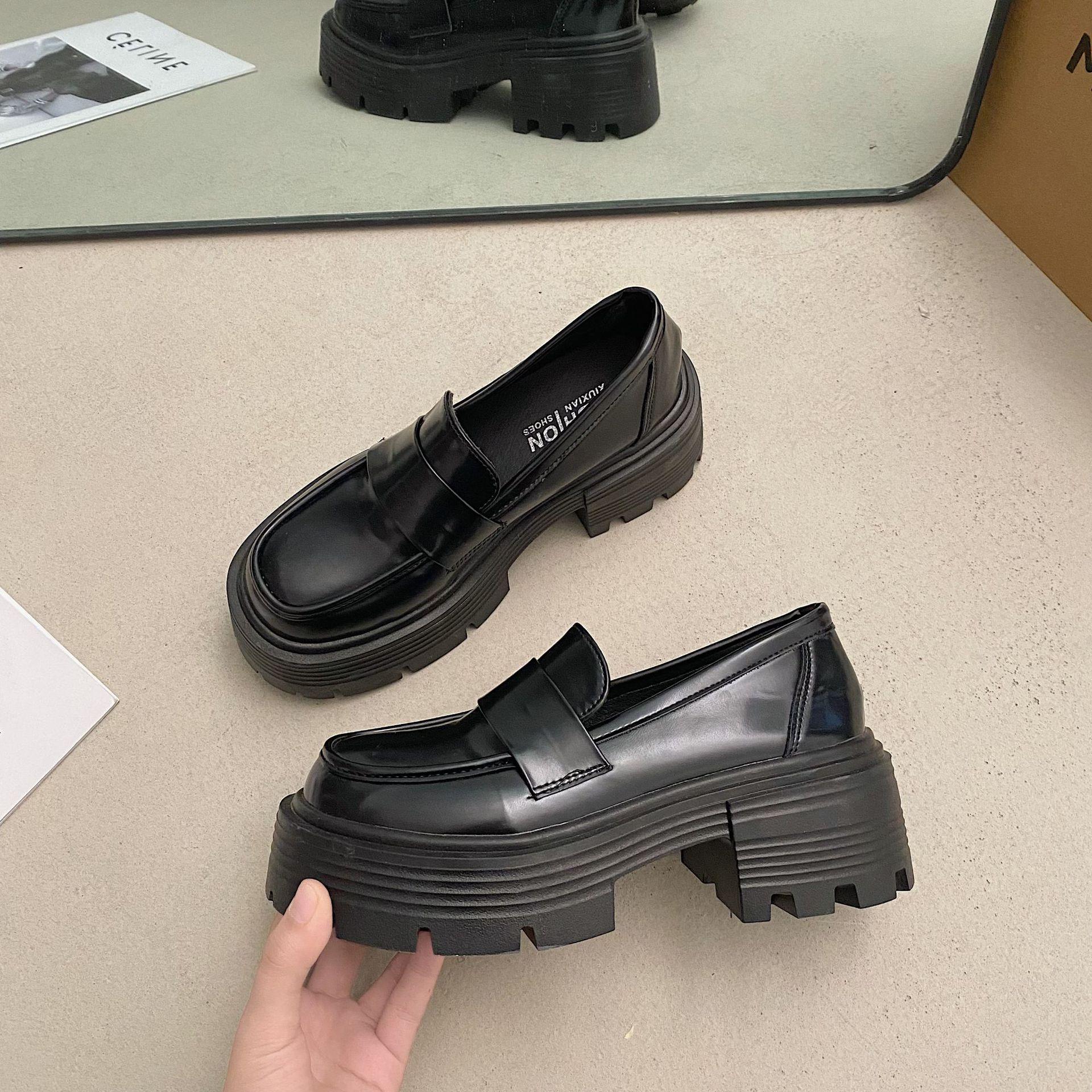 

Женские туфли из кожи на толстой подошве. Модные универсальные мокасины. Черные туфли на высоком каблуке в стиле ретро. Модные элегантные женские туфли-лодочки. Mujer Zapatos. 39